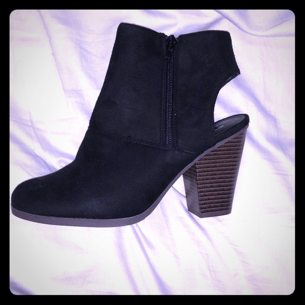 Brand new black suede open heel booties